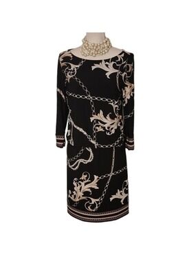 White House Black Market Dress Floral Link Blouson chain link Sz: S black/gold